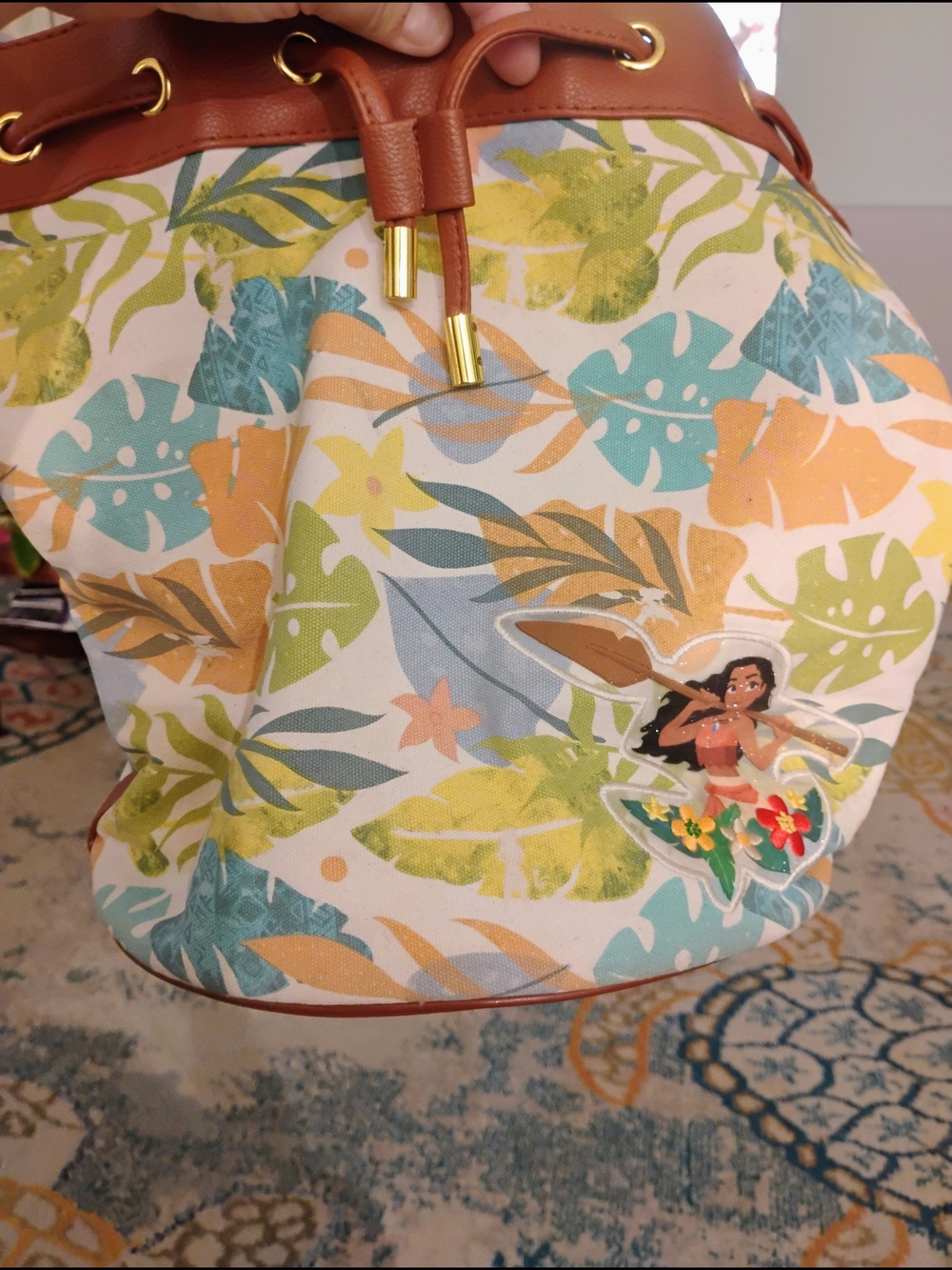 Disney Moana Tropical Drawstring Bucket Bag in Teal, Yellow, Orange, Tan